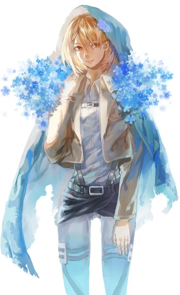 Anime picture 1200x1958 with shingeki no kyojin production i.g petra ral kirired single tall image looking at viewer short hair simple background blonde hair white background brown eyes light smile hand on shoulder girl uniform flower (flowers) jacket hood cloak