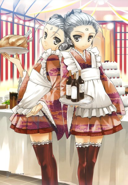 Anime picture 2407x3481 with koin (foxmark) tall image highres standing multiple girls silver hair ahoge traditional clothes silver eyes girl thighhighs 2 girls food sweets headphones apron bottle cake tray