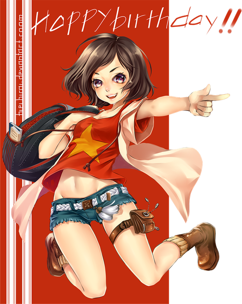 Anime picture 800x1003 with original hieihirai single tall image short hair open mouth light erotic black hair smile pink eyes inscription midriff happy birthday pointing star print girl navel star (symbol) bag