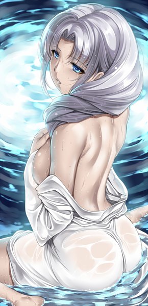 Anime picture 987x2040 with touhou yagokoro eirin saburou (hgmg) single long hair tall image breasts blue eyes light erotic large breasts silver hair traditional clothes japanese clothes wet back girl water yukata