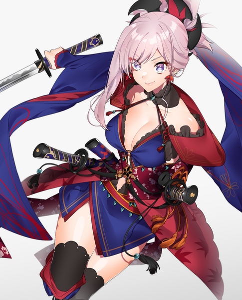 Anime picture 1337x1655 with fate (series) fate/grand order miyamoto musashi (fate) sino42 single long hair tall image looking at viewer breasts simple background smile large breasts purple eyes pink hair cleavage ponytail girl thighhighs weapon black thighhighs