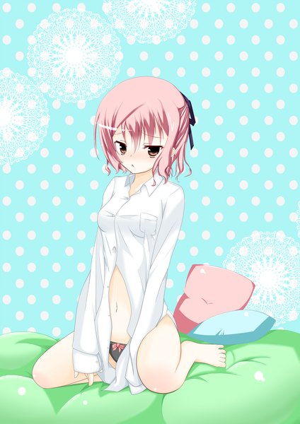 Anime picture 2480x3507 with original kotohane single tall image blush highres short hair light erotic brown eyes pink hair pantyshot girl shirt pillow