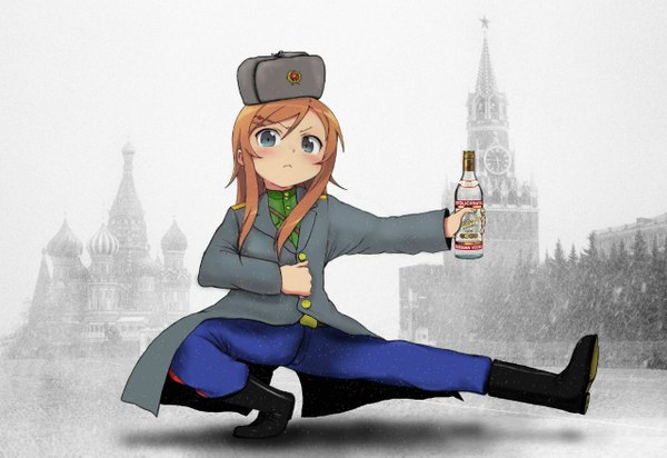 Anime picture 1280x881 with ore no imouto ga konna ni kawaii wake ga nai kousaka kirino single long hair looking at viewer blush blue eyes brown hair snowing winter snow dancing humor real world location russia moscow kremlin girl shoes boots