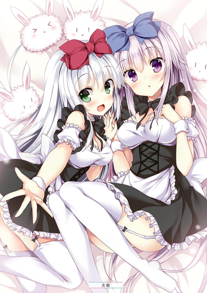 Anime picture 1451x2048 with alice or alice airi (alice or alice) rise (alice or alice) tateha (marvelous grace) long hair tall image looking at viewer blush fringe breasts open mouth light erotic smile hair between eyes large breasts purple eyes multiple girls green eyes signed bent knee (knees)