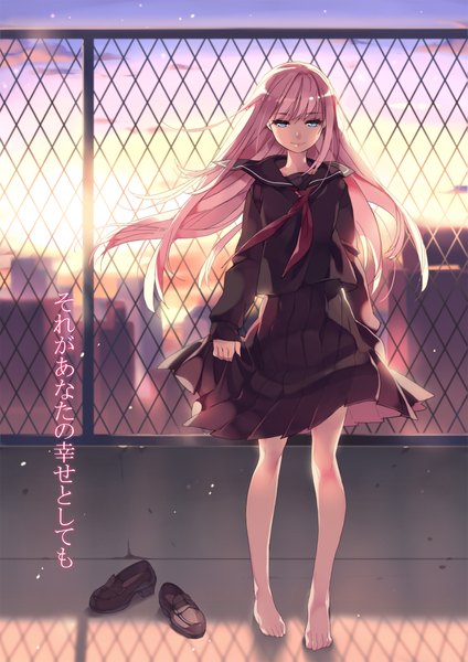 Anime picture 1447x2046 with vocaloid megurine luka btoor single long hair tall image looking at viewer fringe blue eyes smile standing pink hair sky cloud (clouds) barefoot wind sunlight bare legs no shoes city