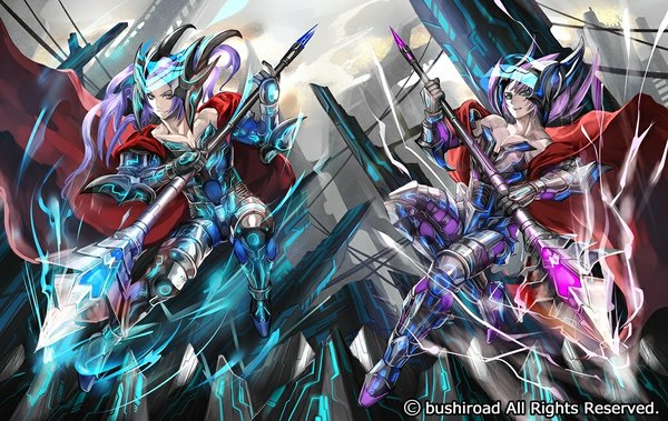 Anime picture 1038x657 with cardfight!! vanguard morechand long hair looking at viewer blue eyes multiple girls green eyes purple hair horn (horns) lightning mecha musume girl gloves weapon 2 girls elbow gloves armor cape spear