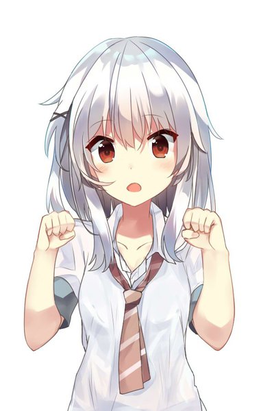 Anime picture 600x900 with original seki (l0410706268) single long hair tall image looking at viewer blush fringe open mouth simple background hair between eyes red eyes white background silver hair upper body paw pose girl uniform school uniform x hair ornament