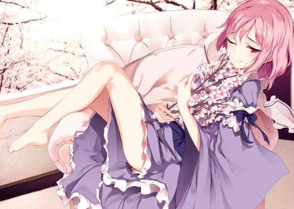 Anime picture 2769x1973 with touhou saigyouji yuyuko eien no juu nana-sa single looking at viewer blush fringe highres short hair light erotic smile hair between eyes red eyes holding pink hair one eye closed barefoot fingernails wide sleeves cherry blossoms