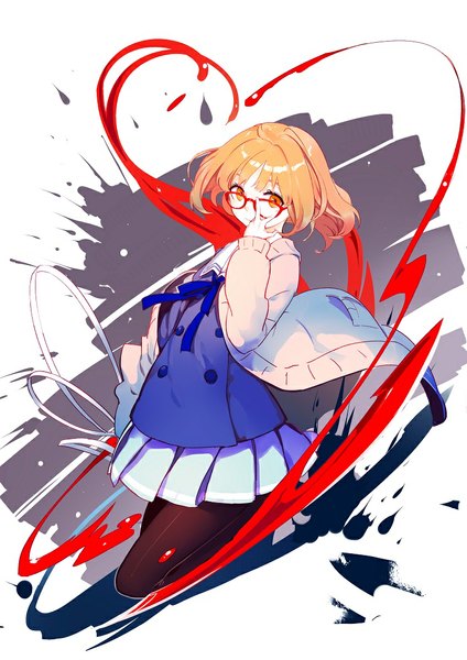 Anime-Bild 744x1053 mit kyoukai no kanata kyoto animation kuriyama mirai lia-sama single tall image looking at viewer short hair red eyes pleated skirt orange hair hand on face girl skirt uniform ribbon (ribbons) school uniform pantyhose glasses blood