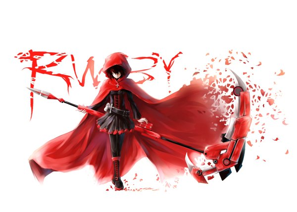 Anime picture 1653x1181 with rwby rooster teeth ruby rose litsvn single fringe short hair simple background brown hair standing white background holding long sleeves wind inscription looking down pale skin girl weapon petals