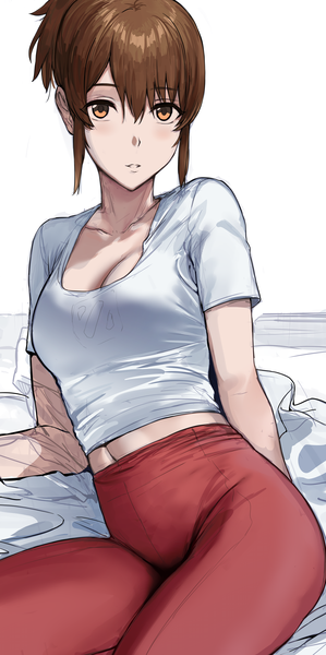 Anime picture 6262x12560 with dota 2 (game) marci (dota) hews single tall image looking at viewer fringe highres short hair breasts hair between eyes brown hair sitting brown eyes payot absurdres cleavage parted lips arm support short sleeves