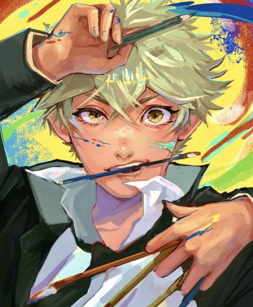 Anime picture 1125x1363 with blue period yaguchi yatora jap artistagram single tall image looking at viewer fringe short hair open mouth simple background blonde hair hair between eyes holding yellow eyes upper body teeth mouth hold boy uniform school uniform