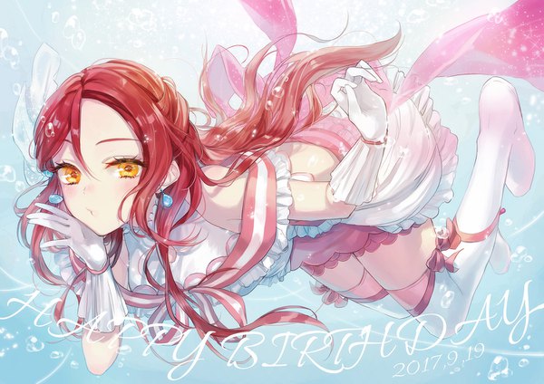 Anime picture 1500x1060 with love live! sunshine!! sunrise (studio) love live! sakurauchi riko sudach koppe single long hair looking at viewer yellow eyes full body red hair dated half updo underwater happy birthday girl gloves earrings boots white gloves