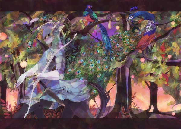 Anime picture 1119x800 with original shako (artist) plant (plants) animal tree (trees) armor bird (birds) helmet bow (weapon) arrow (arrows) peacock centaur