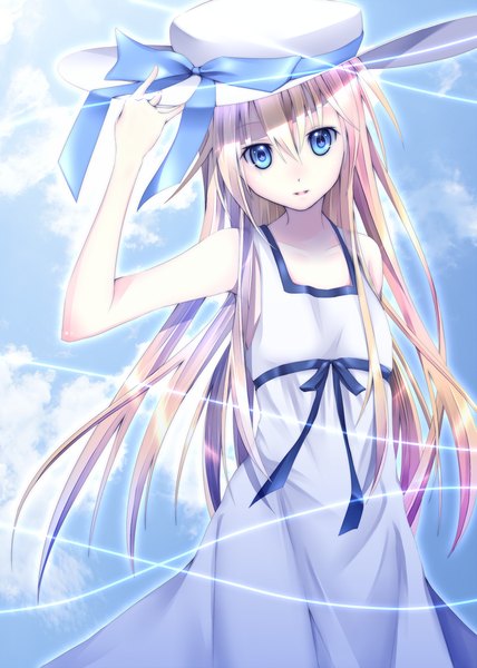 Anime picture 1000x1400 with original kawasaki toiro single long hair tall image looking at viewer blue eyes blonde hair bare shoulders sky cloud (clouds) girl dress bow hat sundress