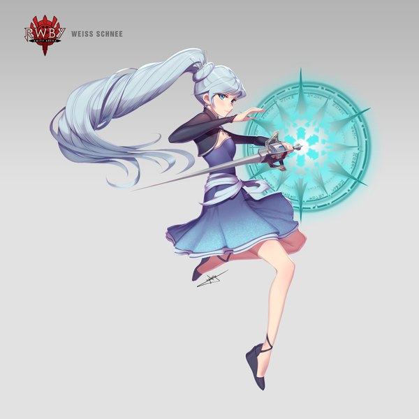 Anime picture 6000x6000 with rwby rooster teeth weiss schnee uyalago single long hair looking at viewer highres blue eyes holding signed absurdres silver hair full body long sleeves grey background copyright name character names floating hair magic