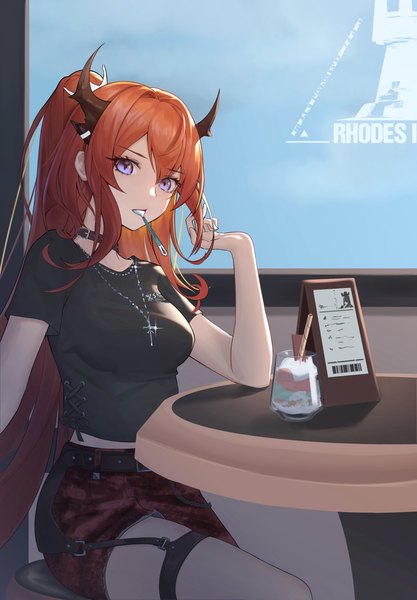 Anime picture 1500x2157 with arknights surtr (arknights) surtr (liberte echec) (arknights) gtower single long hair tall image looking at viewer fringe breasts hair between eyes sitting purple eyes holding ponytail red hair indoors horn (horns) sparkle short sleeves