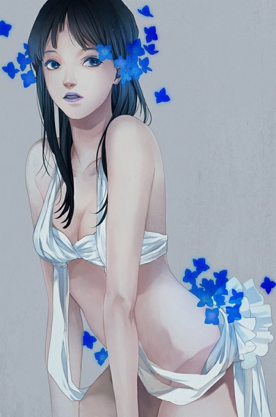 Anime picture 700x1058 with original sumishuu single long hair tall image breasts open mouth blue eyes light erotic black hair simple background bare shoulders looking away grey background bare belly girl flower (flowers) frills