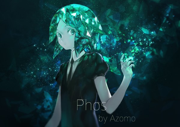 Anime picture 2263x1600 with houseki no kuni phosphophyllite azomo single looking at viewer fringe highres short hair green eyes signed upper body green hair short sleeves puffy sleeves character names androgynous necktie