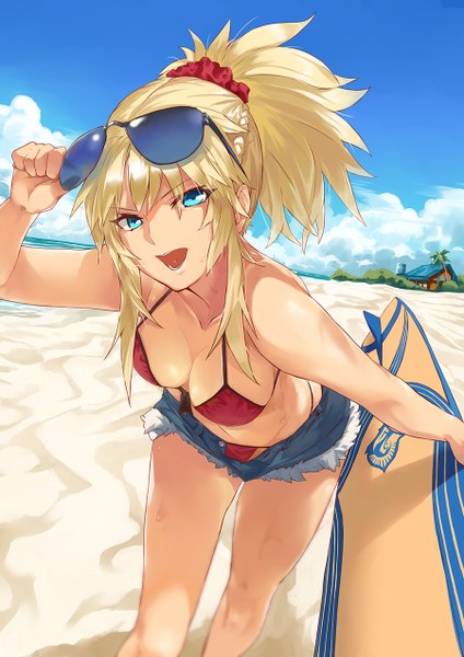 Anime picture 900x1273 with fate (series) fate/grand order mordred (fate) mordred (swimsuit rider) (fate) ohland single long hair tall image looking at viewer fringe breasts open mouth light erotic hair between eyes large breasts standing holding payot sky cleavage