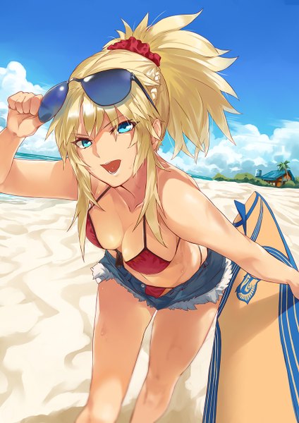 Аниме картинка 900x1273 с fate (series) fate/grand order mordred (fate) mordred (swimsuit rider) (fate) ohland один (одна) длинные волосы высокое изображение смотрит на зрителя чёлка грудь открытый рот лёгкая эротика волосы между глазами большая грудь стоя держать пейсы небо декольте