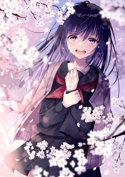 Anime picture 800x1131 with original kusada souta single long hair tall image looking at viewer blush fringe open mouth smile hair between eyes standing purple eyes sky purple hair outdoors :d pleated skirt blurry teeth