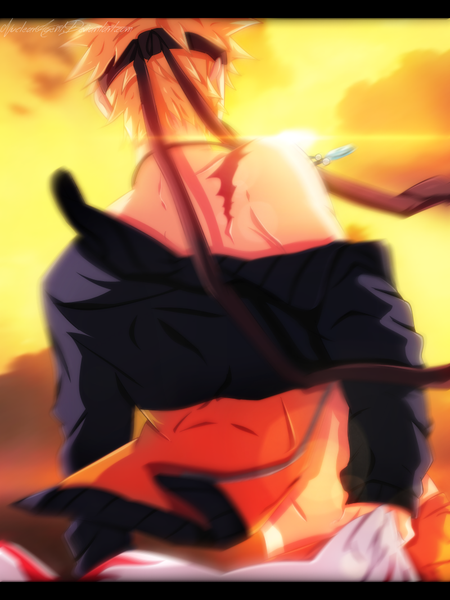 Anime picture 800x1067 with naruto studio pierrot naruto (series) uzumaki naruto nuclearagent single tall image short hair blonde hair sky cloud (clouds) sunlight coloring back evening sunset letterboxed scar sunbeam jinchuriki