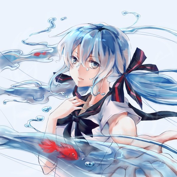 Anime picture 1200x1200 with vocaloid hatsune miku bottle miku a luo single long hair looking at viewer open mouth blue eyes simple background twintails blue hair blue background liquid hair girl uniform school uniform water bubble (bubbles) fish (fishes)