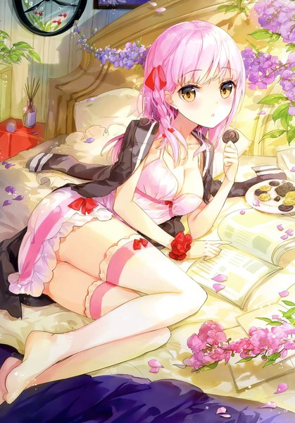 Anime picture 3006x4300 with original fuumi (radial engine) single long hair tall image blush fringe highres breasts light erotic holding yellow eyes looking away pink hair absurdres lying braid (braids) scan :o no shoes
