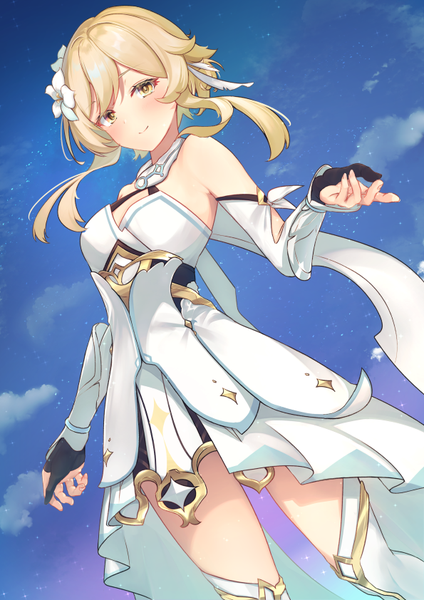 Anime picture 595x842 with genshin impact lumine (genshin impact) nokke o single tall image looking at viewer blush fringe short hair blonde hair smile standing yellow eyes sky cloud (clouds) hair flower from below girl dress flower (flowers)