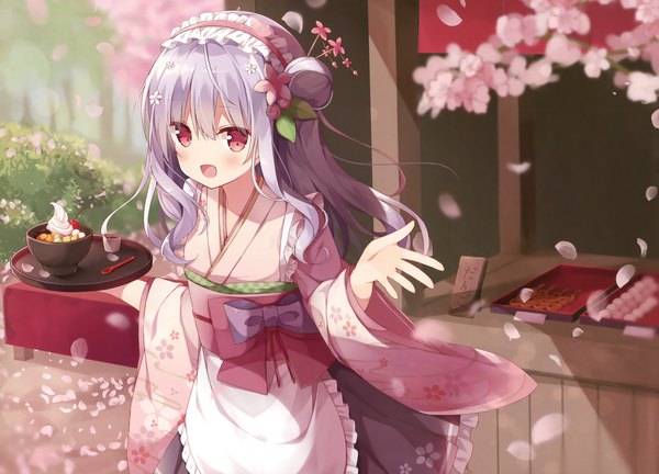 Anime picture 3856x2777 with original hoshi (snacherubi) single long hair looking at viewer blush highres open mouth red eyes absurdres purple hair traditional clothes japanese clothes from above scan hair bun (hair buns) cherry blossoms wa maid girl hair ornament