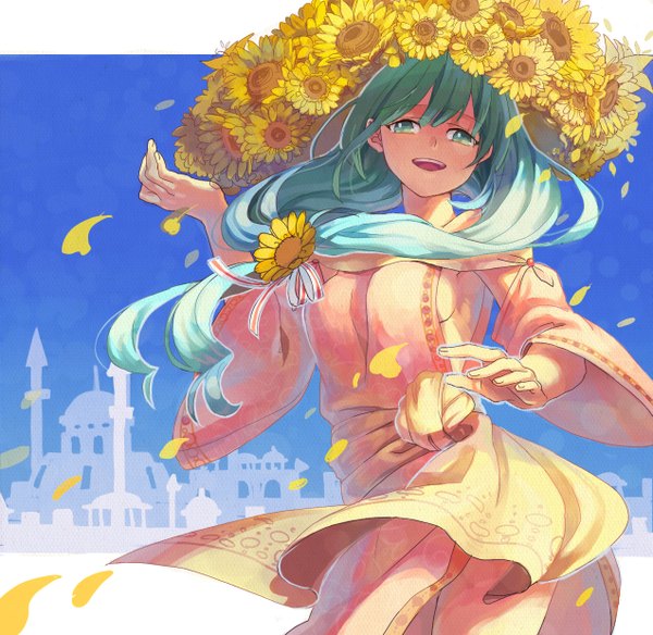 Anime picture 1271x1238 with magi the labyrinth of magic a-1 pictures yamuraiha sonomura single long hair looking at viewer open mouth green eyes aqua hair city cityscape girl flower (flowers) petals building (buildings) sunflower wreath arabian clothes