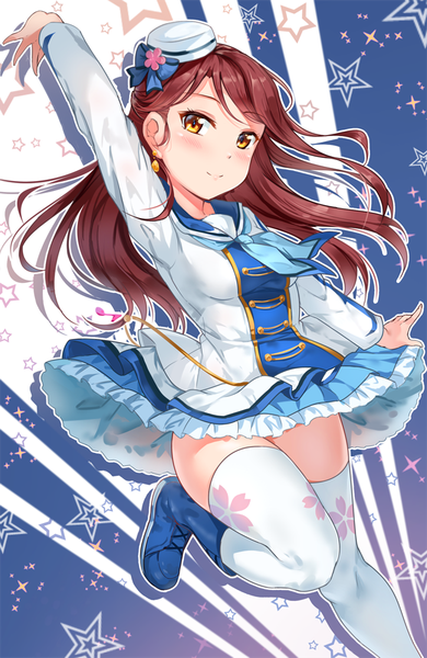 Anime picture 650x1000 with love live! sunshine!! sunrise (studio) love live! sakurauchi riko miazi single long hair tall image looking at viewer blush fringe light erotic hair between eyes standing red hair light smile orange eyes outstretched arm standing on one leg skirt flip