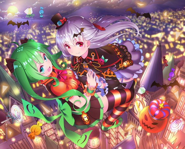 Anime picture 1400x1131 with original yuujin (yuzinn333) long hair looking at viewer open mouth smile red eyes twintails multiple girls sky white hair aqua eyes green hair fang (fangs) depth of field city cityscape halloween city lights midair