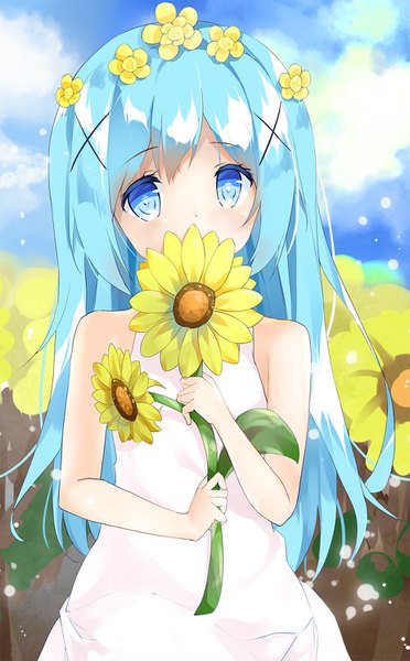 Anime picture 926x1492 with gochuumon wa usagi desu ka? white fox kafuu chino shiraki shiori single long hair tall image looking at viewer blush fringe blue eyes hair between eyes bare shoulders holding payot sky cloud (clouds) upper body outdoors hair flower