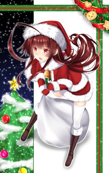 Anime picture 754x1196 with kantai collection kuma light cruiser baretto single long hair tall image blush fringe open mouth red eyes brown hair standing fur trim snowing christmas girl thighhighs black thighhighs hat boots