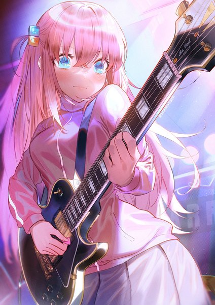Anime picture 1240x1756 with bocchi the rock! cloverworks gotou hitori usanekorin (0bakasan) single long hair tall image fringe blue eyes hair between eyes looking away pink hair one side up girl hair ornament musical instrument guitar electric guitar cube hair ornament