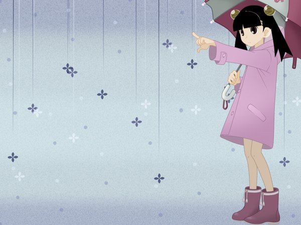 Anime picture 1600x1200 with sayonara zetsubou sensei shaft (studio) otonashi meru single long hair fringe black hair standing twintails holding brown eyes looking away full body grey background outstretched arm pointing girl hair ornament umbrella rubber boots