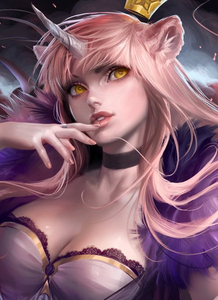 Anime picture 1280x1759 with original sakimichan single long hair tall image breasts large breasts animal ears yellow eyes looking away pink hair nail polish horn (horns) realistic finger to mouth close-up girl ring crown mini crown