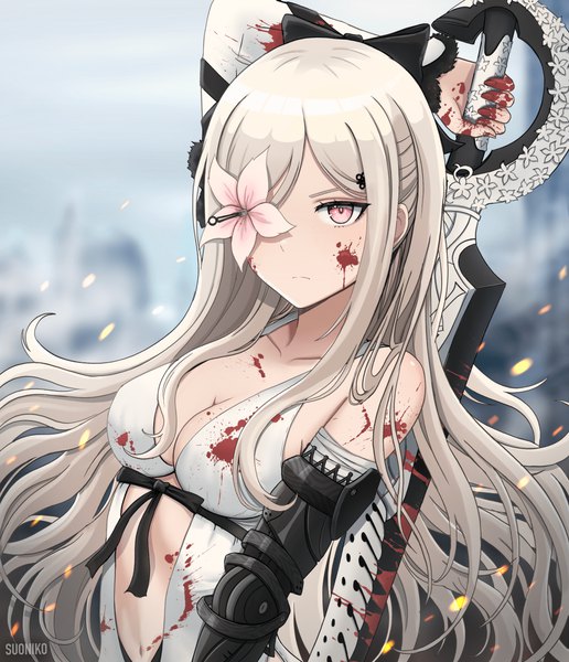 Anime picture 4298x5000 with drakengard zero (drag-on dragoon) suoniko single long hair tall image fringe highres breasts light erotic signed looking away absurdres cleavage silver hair upper body pink eyes blood on face bloody clothes bloody weapon