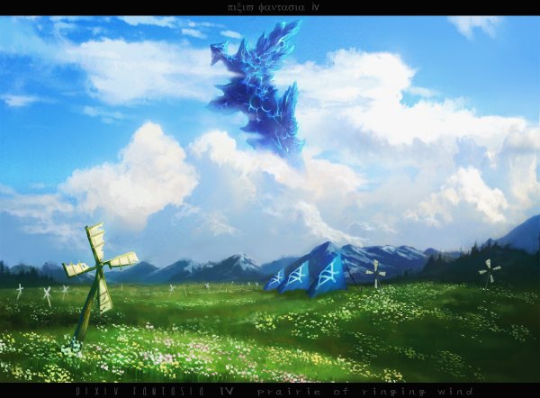 Anime picture 1200x884 with original pixiv fantasia pixiv fantasia iv yoshiku (oden-usagi) sky cloud (clouds) mountain landscape field floating island flower (flowers) plant (plants) flag island windmill