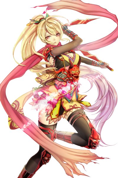 Anime picture 2000x3000 with original sammi hisame single tall image highres simple background blonde hair red eyes white background holding pink hair ponytail very long hair traditional clothes multicolored hair two-tone hair gradient hair dual wielding girl thighhighs