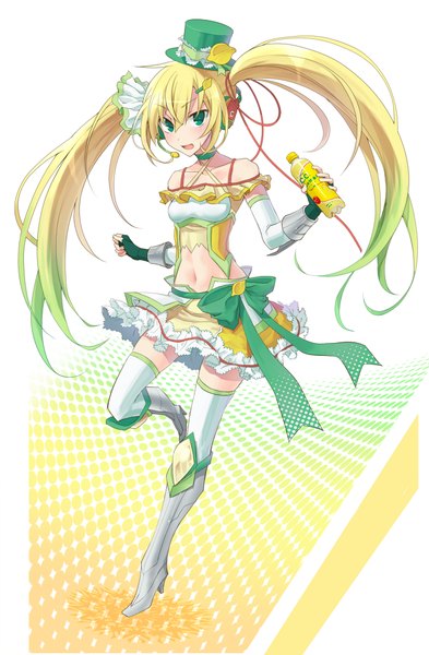 Anime picture 700x1068 with original c.c. lemon c.c. lemon (character) kikugetsu single long hair tall image looking at viewer blush open mouth blonde hair bare shoulders green eyes multicolored hair gradient hair girl thighhighs gloves hair ornament hat
