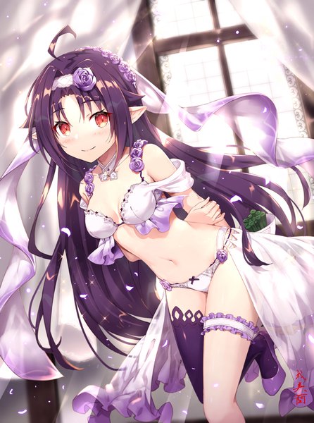Anime picture 744x1000 with sword art online a-1 pictures yuuki (sao) gabiran single long hair tall image looking at viewer blush fringe breasts light erotic smile red eyes standing payot purple hair ahoge indoors hair flower