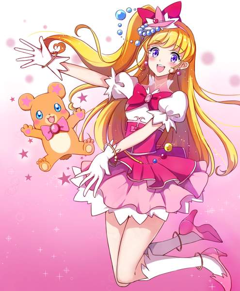 Anime picture 661x800 with precure mahou girls precure! toei animation asahina mirai cure miracle mofurun (mahou girls precure!) yukiya (shiya) long hair tall image looking at viewer blush fringe open mouth blonde hair purple eyes full body bent knee (knees) :d sparkle puffy sleeves