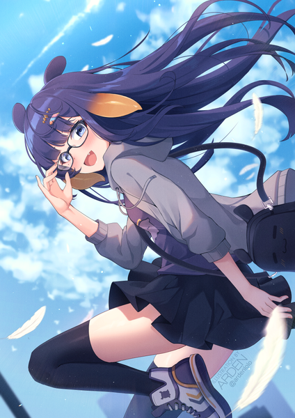 Anime picture 778x1100 with virtual youtuber hololive hololive english ninomae ina'nis takodachi (ninomae ina'nis) ardenlolo single long hair tall image looking at viewer blush fringe open mouth blue eyes smile standing signed animal ears sky purple hair