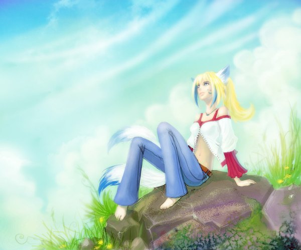 Anime picture 1024x853 with anndr (artist) single long hair blue eyes blonde hair sitting sky cloud (clouds) ponytail barefoot open clothes open shirt fox ears fox tail looking up multiple tails face paint girl navel plant (plants)