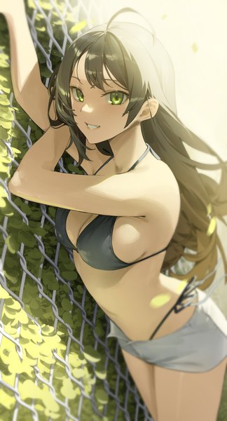 Anime picture 1610x2982 with original star741 single long hair tall image looking at viewer fringe breasts light erotic black hair smile large breasts standing green eyes cleavage outdoors parted lips sunlight blurry arms up