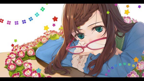 Anime picture 1182x662 with original amamiya chiharu single long hair looking at viewer blush blue eyes brown hair wide image white background letterboxed eyewear removed girl dress flower (flowers) glasses star (symbol)