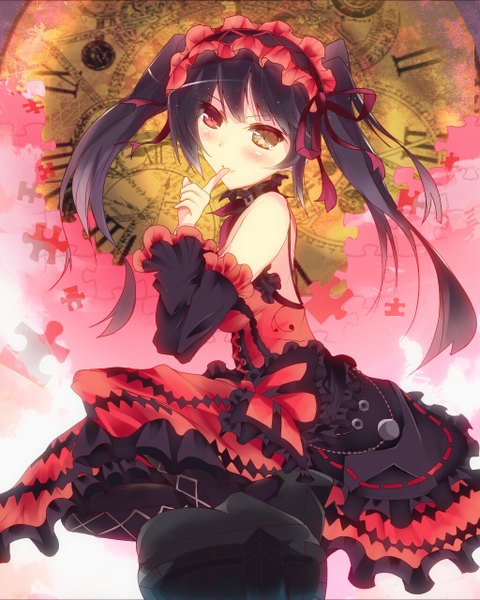 Anime picture 1024x1280 with date a live tokisaki kurumi mizuyoukan (mikususannda) single long hair tall image blush black hair smile red eyes sitting twintails yellow eyes heterochromia lolita fashion finger in mouth uneven twintails girl dress ribbon (ribbons)